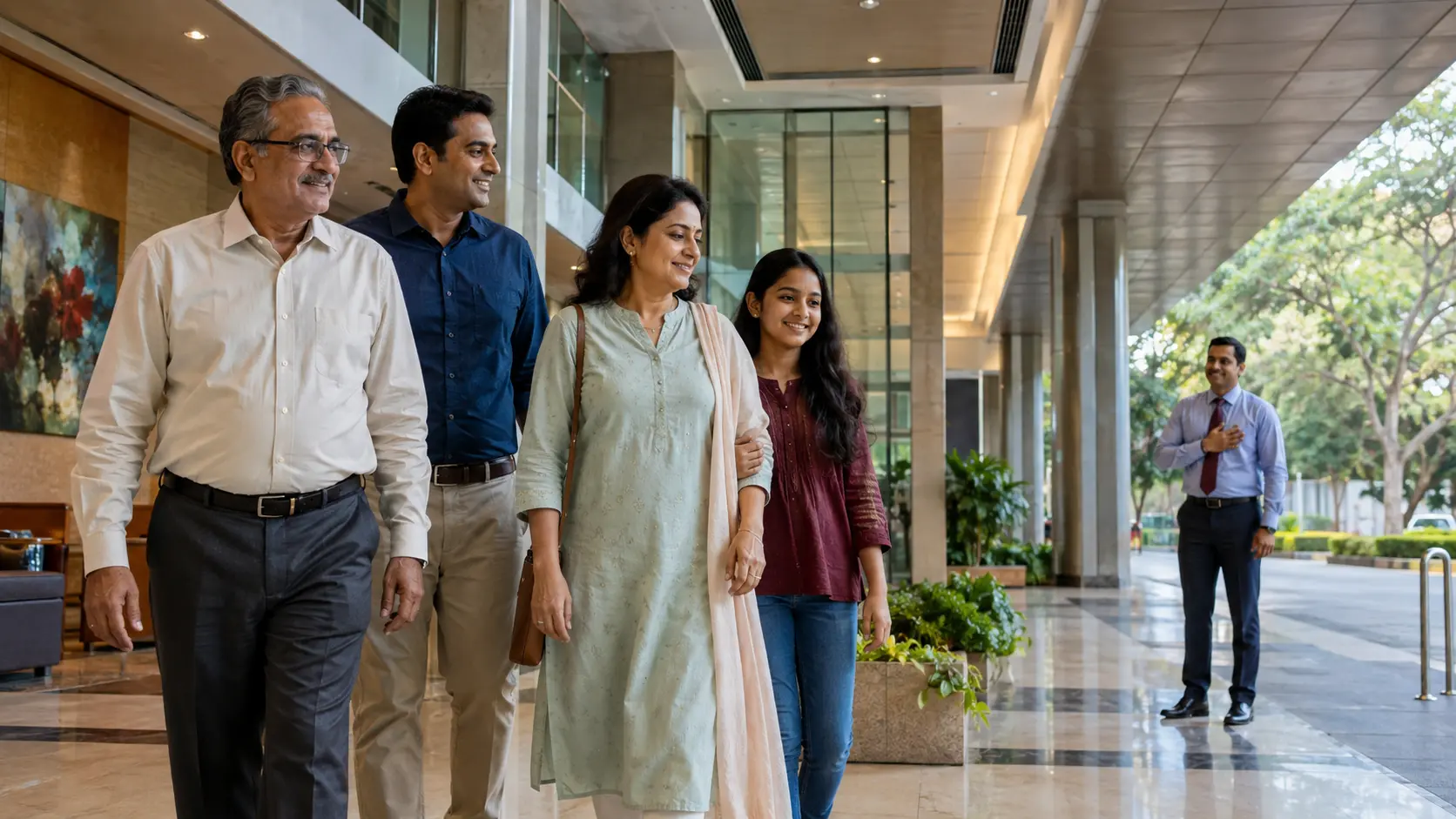 An Indian family leaving a hospital together after receiving claims support